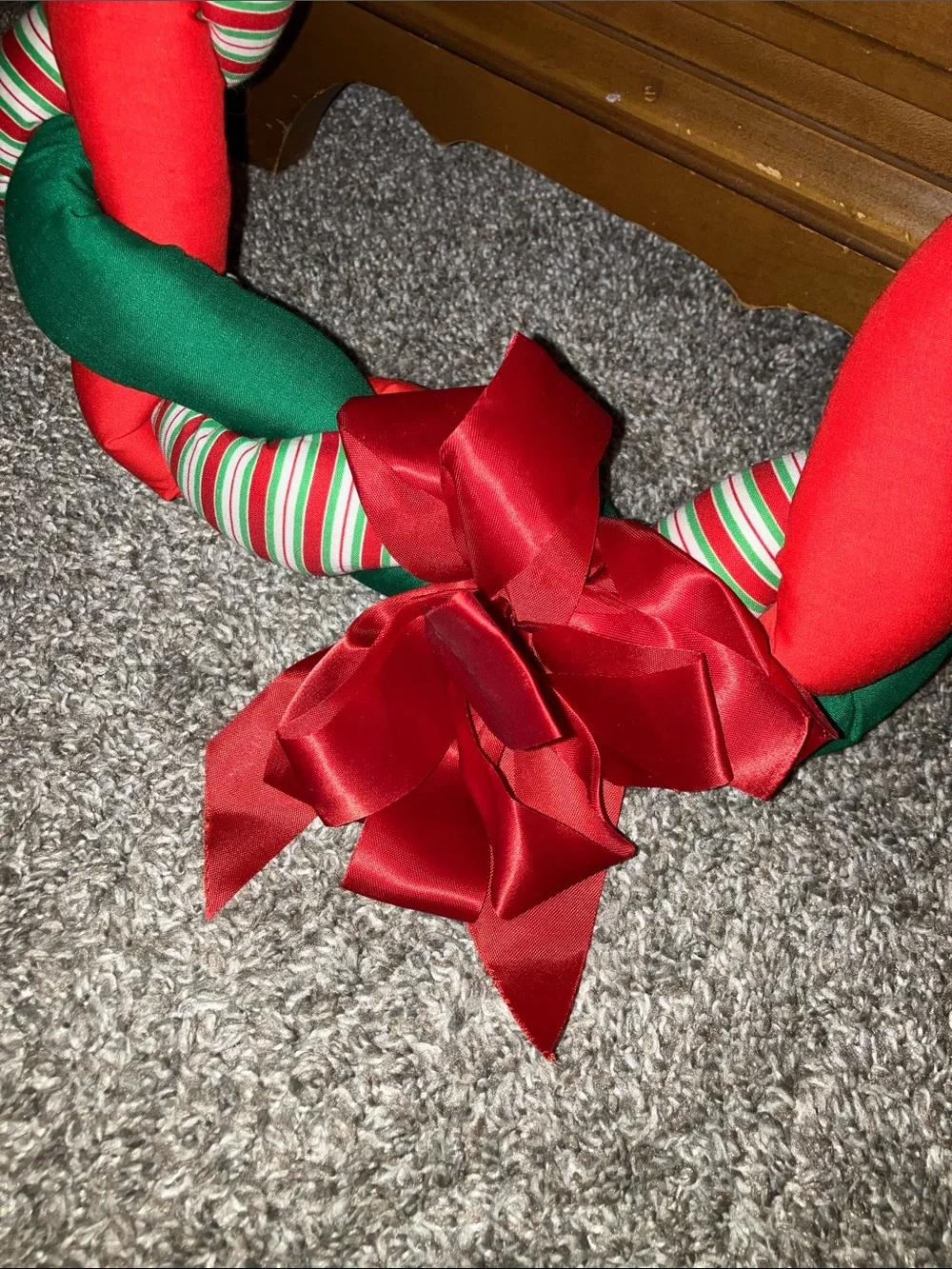 Handmade Holiday Braided Red & Green Wreath with Striped Accents 12”